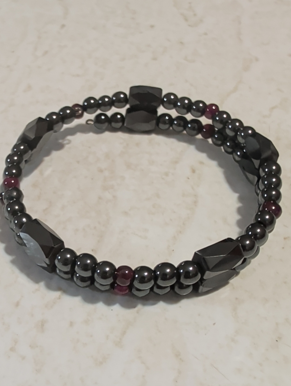 Hematite Beaded Stretch Bracelet with Pink Accent